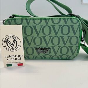 Valentino Orlandi Green Crossbody Bag with Text Pattern and Thin Strap